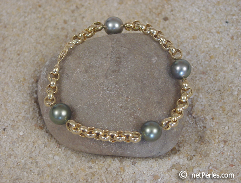 bracelet original or 18 carats maille jason et perles de tahiti
