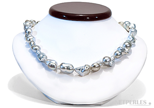 Collier de perles de culture d'australie baroques, blanches argentées