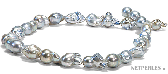 Collier de perles de culture baroques d'Australie blanches argentées