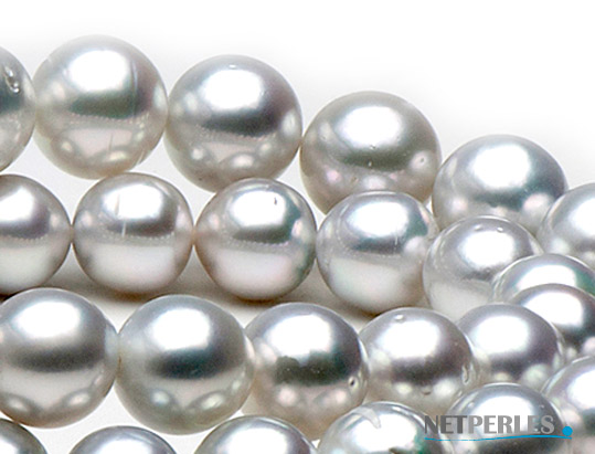 Gros plan sur des perles d'Australie blanches reflets argentés qualité AA