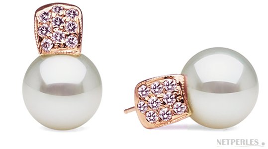 Boucles d'oreilles en Or Rose et diamants avec perles de culture d'Australie AAA Boucles d'oreilles en Or Rose et diamants avec perles de culture d'Australie AAA