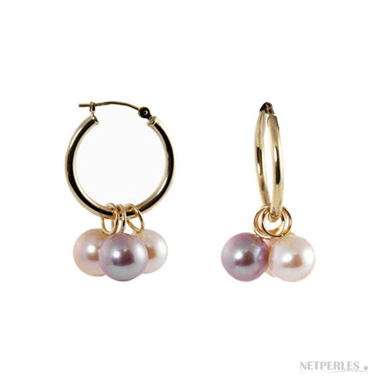 Paire de boucles d'oreilels creoles de perles d'eau douce multicolore