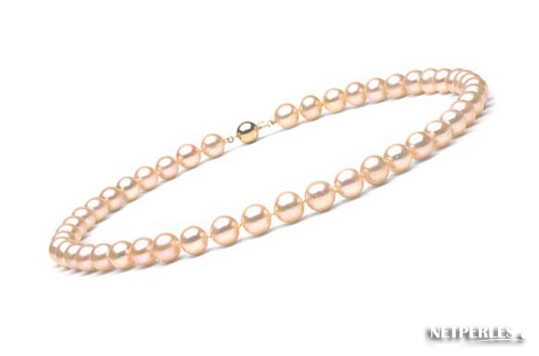 Collier de perles de culture d'eau douce couleur p&ecirc;che diam&egrave;tre de 9 &agrave; 10 mm
