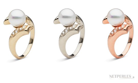 Bague Virtuose en Or Jaune, Gris ou Rose, perle d'Akoya Blanche AAA Bague Virtuose en Or Jaune, Gris ou Rose, perle d'Akoya Blanche AAA