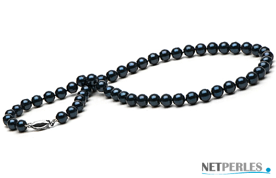 Collier de perles de culture d'Akoya bleues foncees