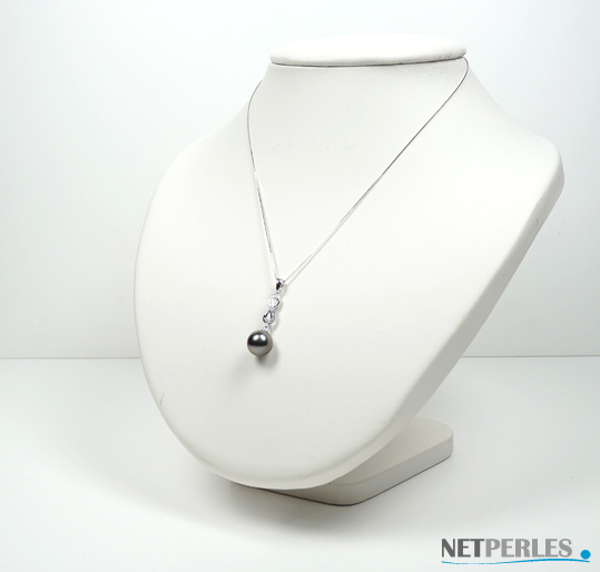 Pendentif perle de culture de tahiti en or gris et diamant avec perle noire à partir de 8,0 mm