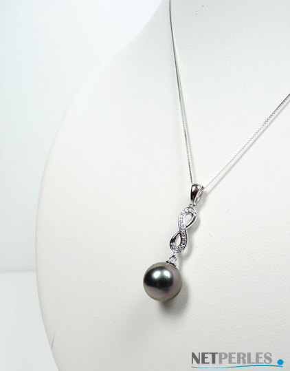Pendentif or gris et diamant avec perle de culture de Tahiti à partir de 8 mm en qualité AA+ et AAA