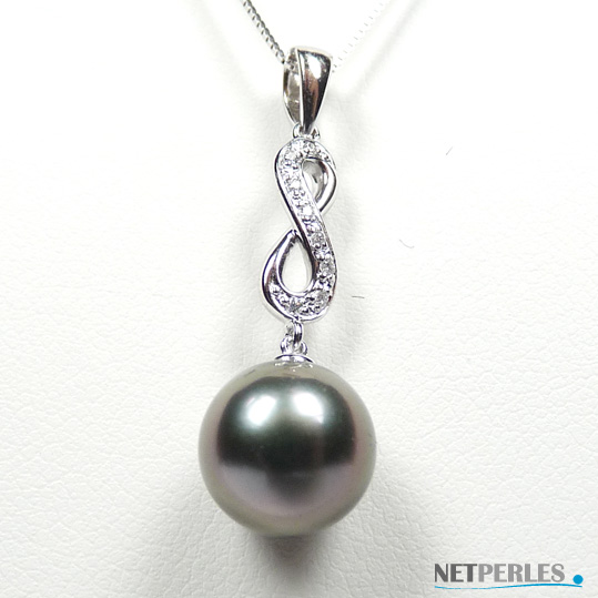 Pendentif en Or gris et diamants avec perle de culture de Tahiti à partir de 8 mm