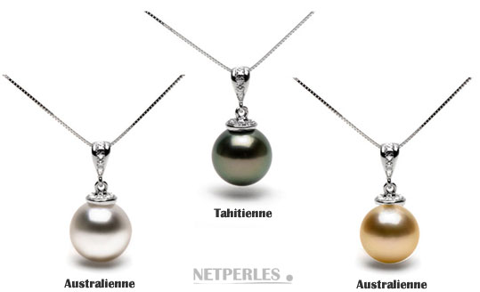 Pendentifs perle de culture sur beliere or gris et diamants