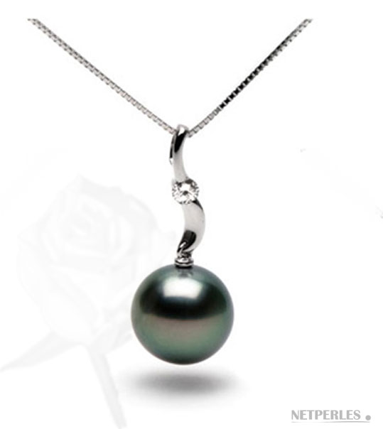 Pendentif perle de culture de Tahiti AAA sur béliere or gris et diamant