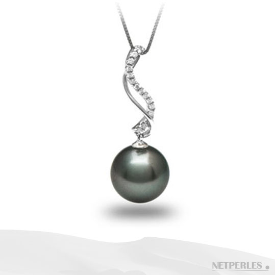 Pendentif perle de culture de Tahiti sur Or gris 18 carats et diamants