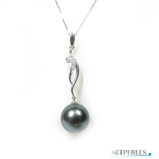 Pendentif Or gris 18 carats et diamants avec perle de tahiti &agrave; partir de 8 mm