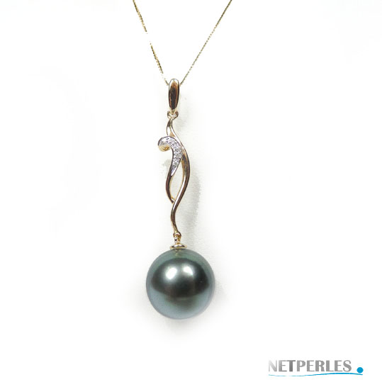 pendentif en or 18 carats et diamant avec perle de tahiti de qualit&eacute; AA+ ou AAA