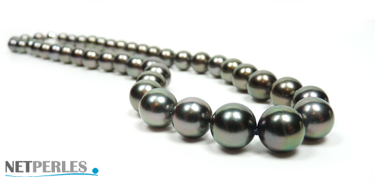 Collier de perles noires de tahiti, perles de culture de tres haut de gamme, diametre 8 à 11 mm