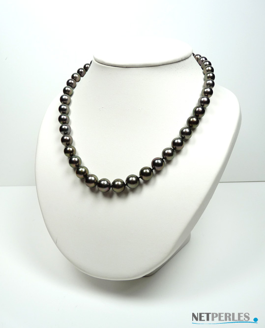 Collier de perles de tahiti, haut de gamme, qualite AA+/AAA teinte gris fumée, reflets aubergine et vert