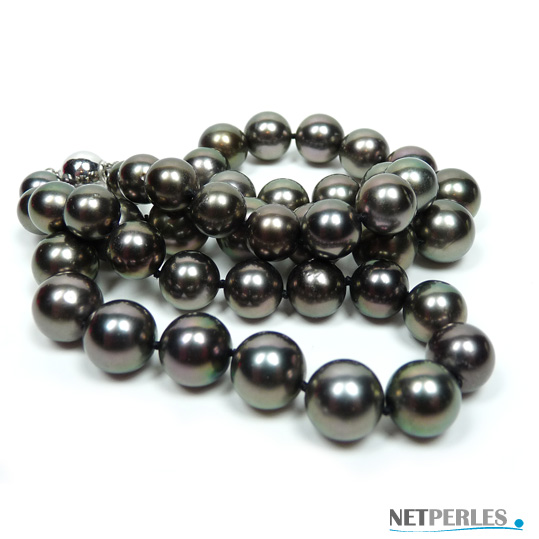 Collier de perles noires de tahiti, perles de 8,2 à 11,1 mm sur 45 cm qualite AA+/AAA