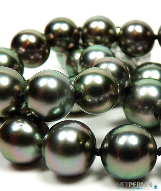 gros plan sur des perles de tahiti, couleur vert emeraude et reflets pistache