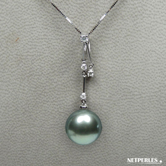 Pendentif Or gris 18 carats et diamants avec perle de culture de Tahiti AAA