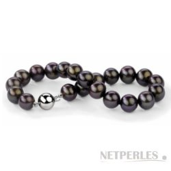 Bracelet 18 cm de perles d'eau douce noires 8 à 9 mm AA+ Or Gris 14k strié