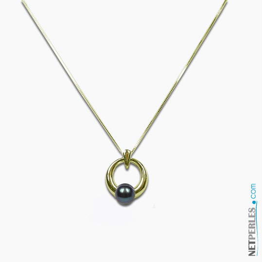 Pendentif en Or avec vraie perle de culture d'Eau Douce noire de 6 à 7 mm