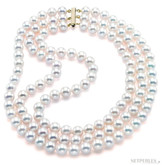 Collier 3 rangs de perles d'Akoya blanches