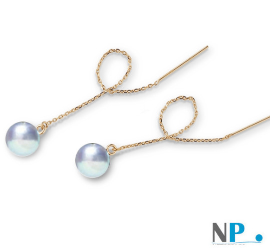 Boucles d'oreilles : Chaines et perles d'Akoya bleues