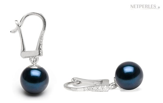 Boucles d'oreilles de perles Akoya noires sur dormeuses en Or et diamants