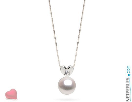 Pendentif en Or gris 14 carats avec diamant VS1 et perle blanche d'eau douce DOUCEHADAMA