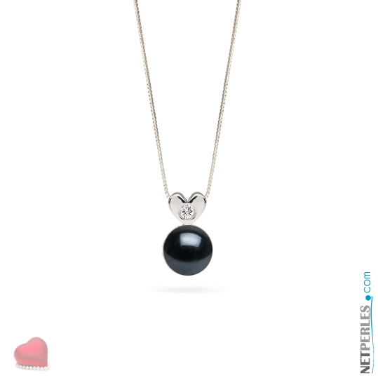 Pendentif en Or gris 14 carats avec diamant et perle noire d'Akoya qualité AAA