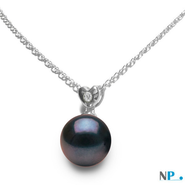 Pendentif Argent massif en forme de coeur avec un diamant et une perle de culture d'eau douce noire
