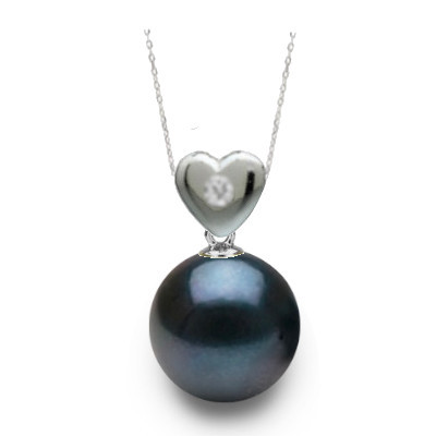 Pendentif coeur en or gris avec diamant et  perle noire d'Akoya