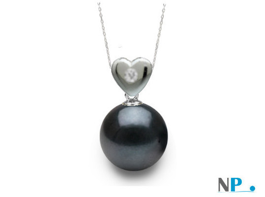 Pendentif coeur en or gris avec diamant et  perle noire d'Akoya