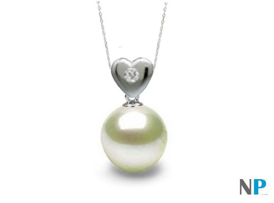 Pendentif Argent massif en forme de coeur avec un diamant VS1 et une perle de culture d'eau douce blanche qualité AAA