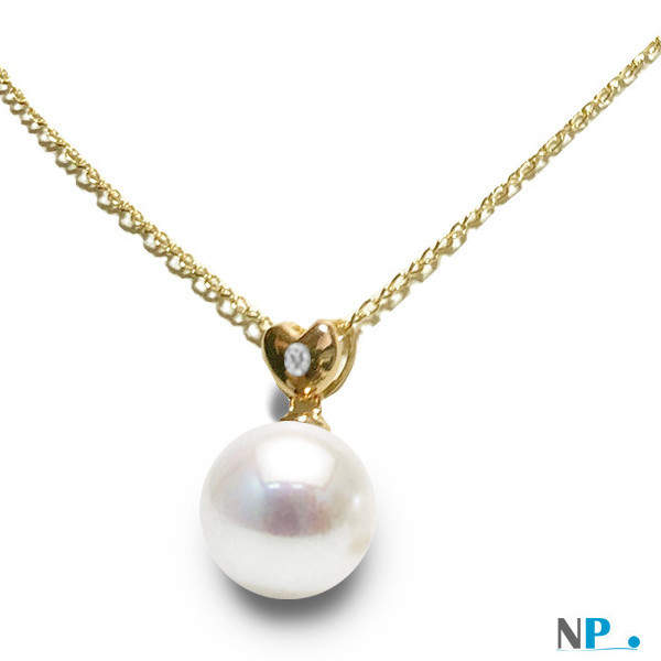 Pendentif Coeur en Or Jaune avec diamant et perle blanche d'Akoya 9-9,5 mm