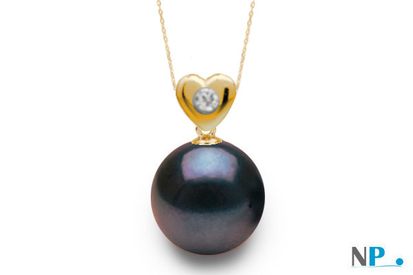 Pendentif coeur en or jaune avec diamant et  perle noire d'eau douce