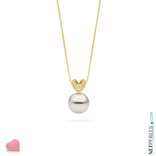 Pendentif coeur en Or Jaune 14 carats et diamant, avec sa perle blanche Akoya qualité AAA