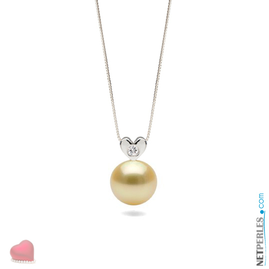 Pendentif en Or Gris avec un diamant et une perle dorée d'Australie AAA
