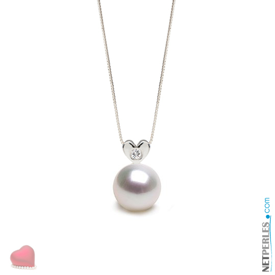 Pendentif Or gris et diamant en forme de coeur avec perle blanche argentée d'australie qualité AAA