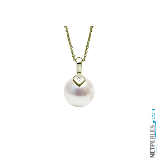 Pendentif Or jaune 14 carats et diamant avec sa perle d'Eau Douce blanche 
