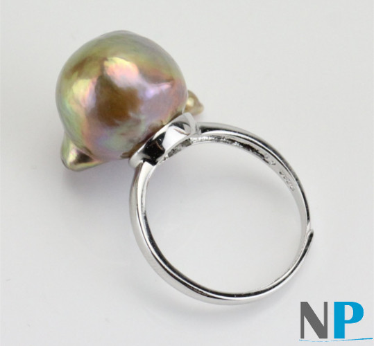 Bague en argent rhodié et perle d'eau douce métallique bronze rose de 14,5 mm