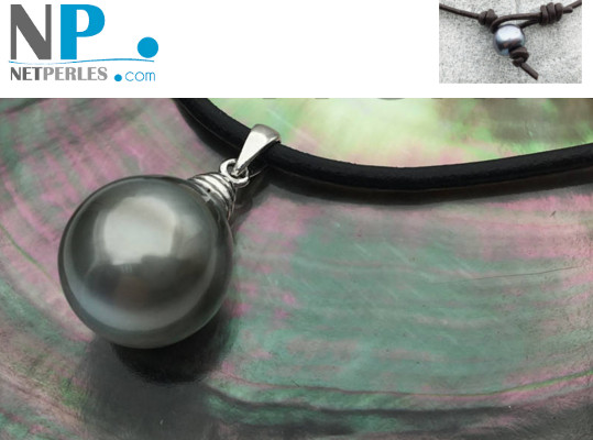 Lien de cuir avec pendentif en Argent, perle de Tahiti baroque 12-14 mm