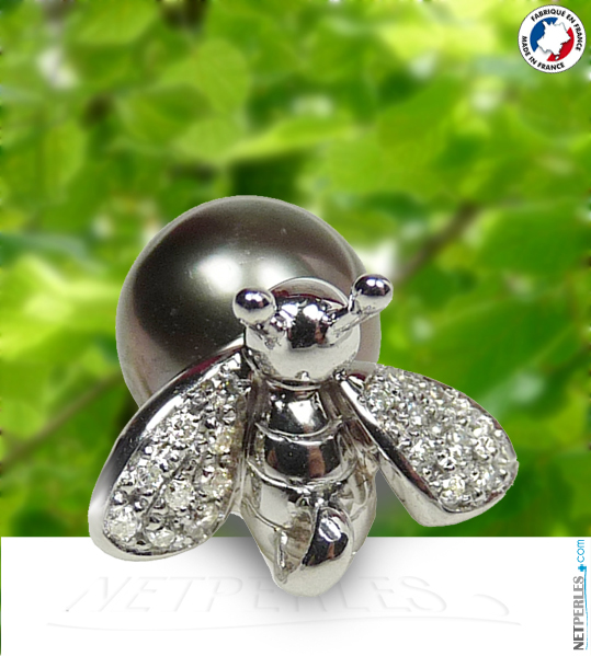 Abeille en pendentif - bijou Or et Diamant plus perle noire de tahiti