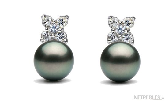 Boucles d'oreilles en Or Gris 18k Diamants et Perles de Tahiti AAA