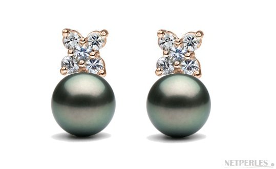 Boucles d'oreilles en Or Jaune 18k avec diamants et perles de Tahiti AAA