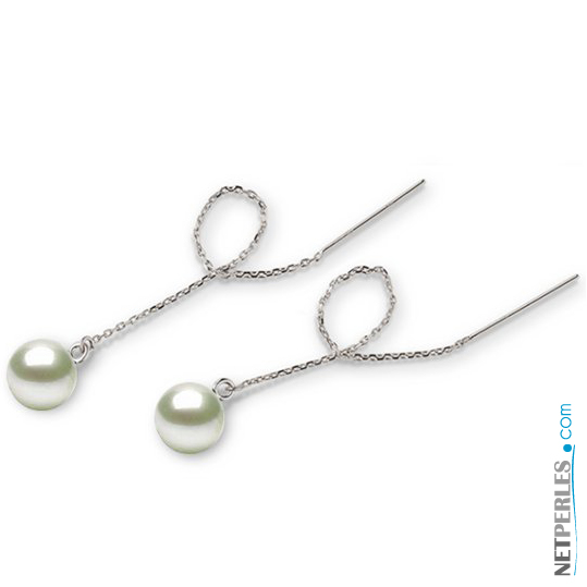Boucles d'oreilles : Chaines et perles d'eau douce blanches sur Or gris qualité AAA