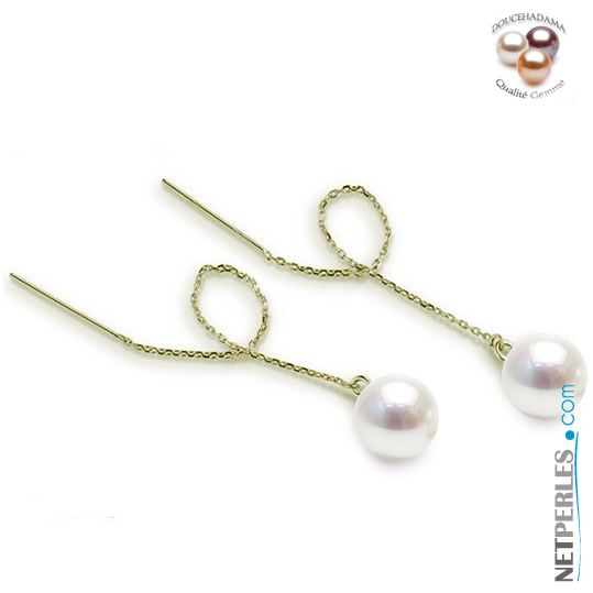 Boucles d'oreilles chaines avec perle d'eau douce blanche Doucehadama