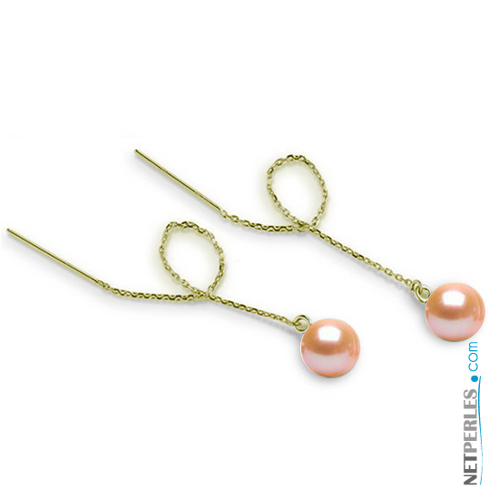 Boucles d'oreilles : Chaines Or et Perles d'eau douce couleur peche qualite AAA