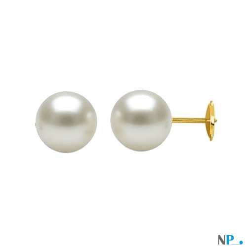 Boucles d'oreilles de perles d'Australie blanches argentées AAA sur système GUARDIAN en or 18k