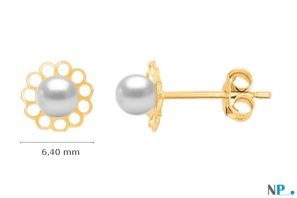 Boucles d'oreilles de perles d'Eau Douce 3,5 mm AAA sur fleurs de 6,4 mm en or 18k