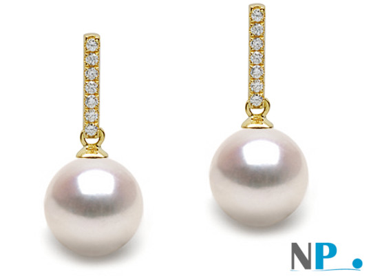 Boucles d'oreilles de perles de culture d'Akoya blanches en Or Jaune et Diamants